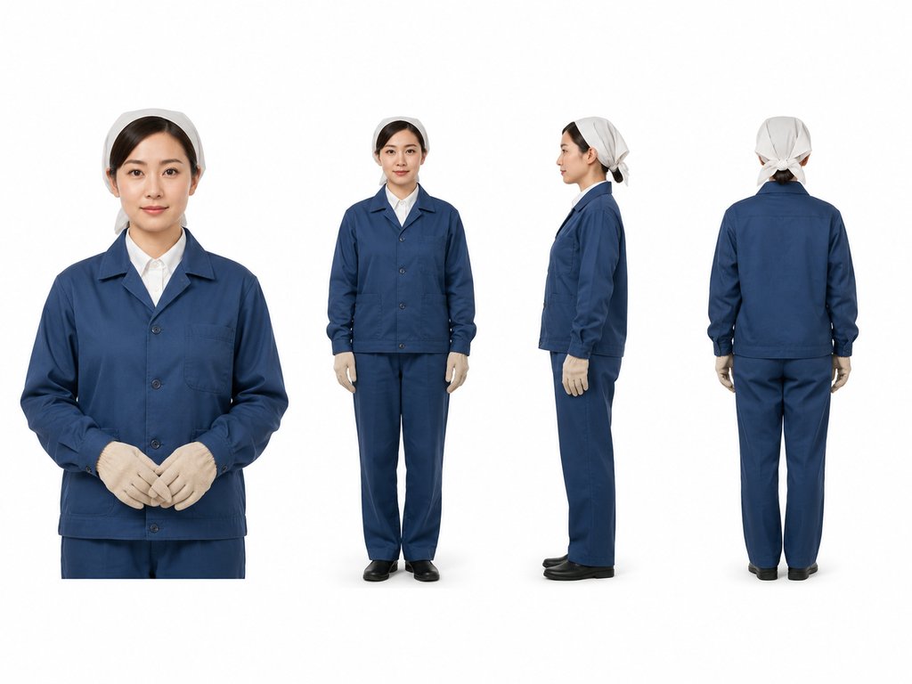 国营厂女工身穿蓝色工装，内搭白衬衫，头戴白色头巾，佩戴劳保手套，写实风格年代怀旧角色图