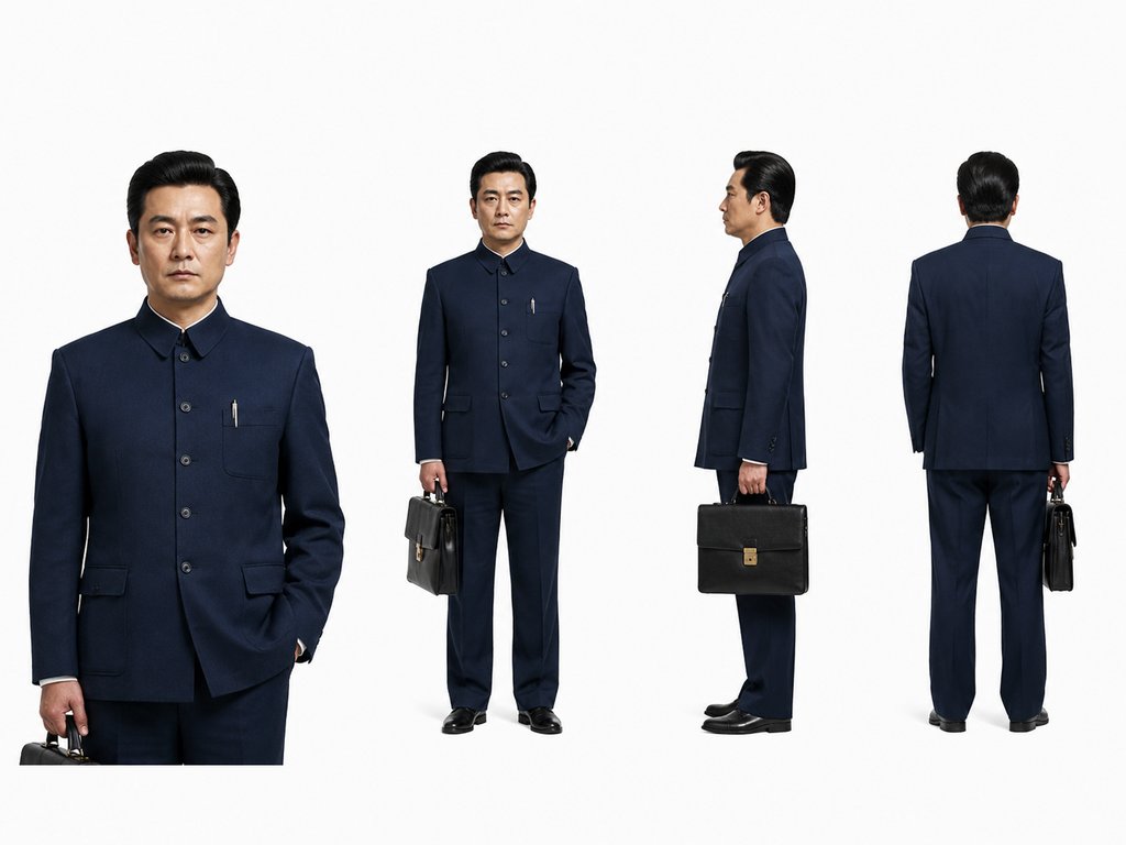 身穿深蓝色中山装的男性角色,手持公文包,大背头造型,写实风格