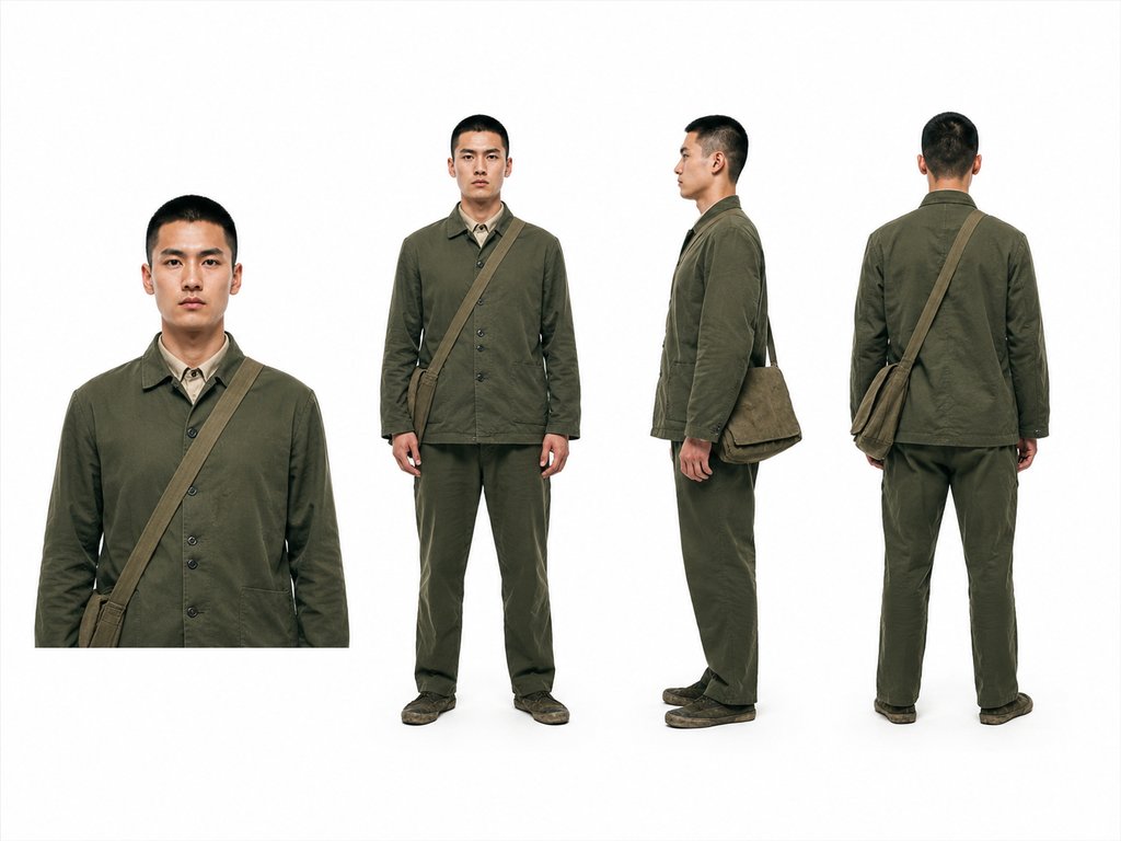 退伍军人身穿旧军装，寸头造型，肩挎帆布包，硬朗写实风格