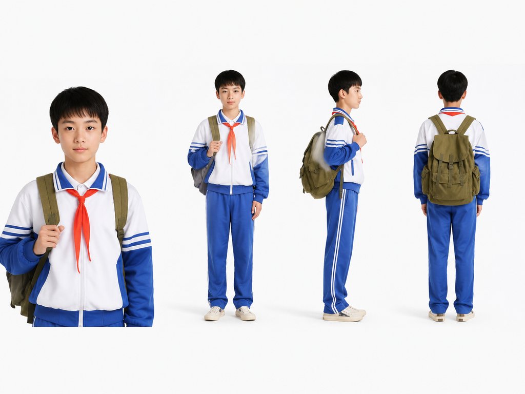中学生身穿蓝白校服,佩戴红领巾,背着书包,多角度展示,写实风格