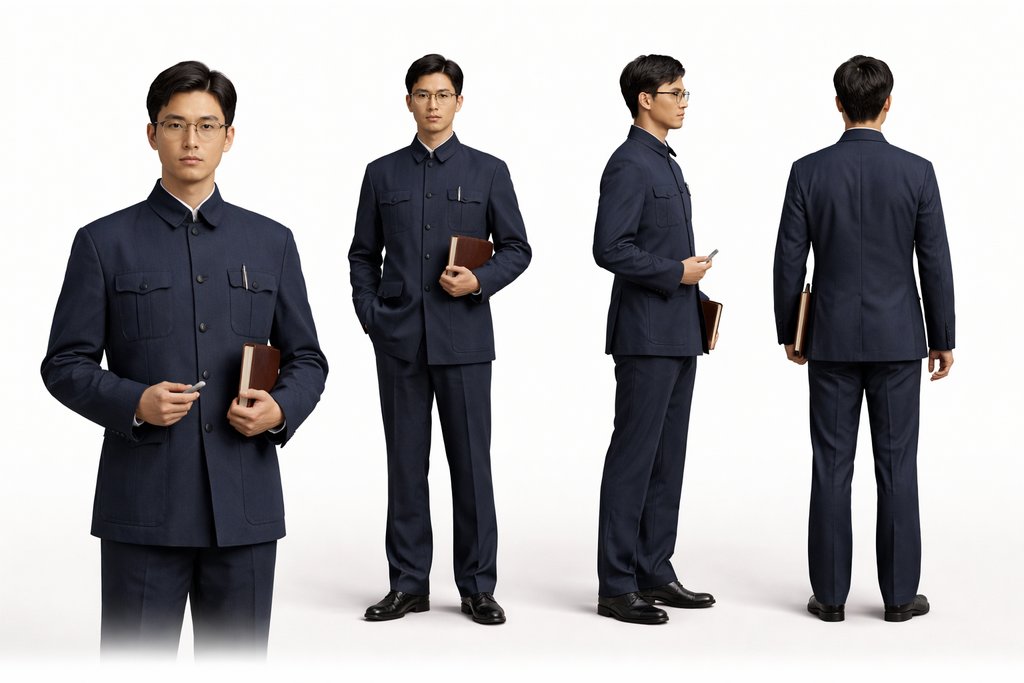 青年教师身穿深蓝色中山装,手持书本与钢笔,戴眼镜,多角度写实造型