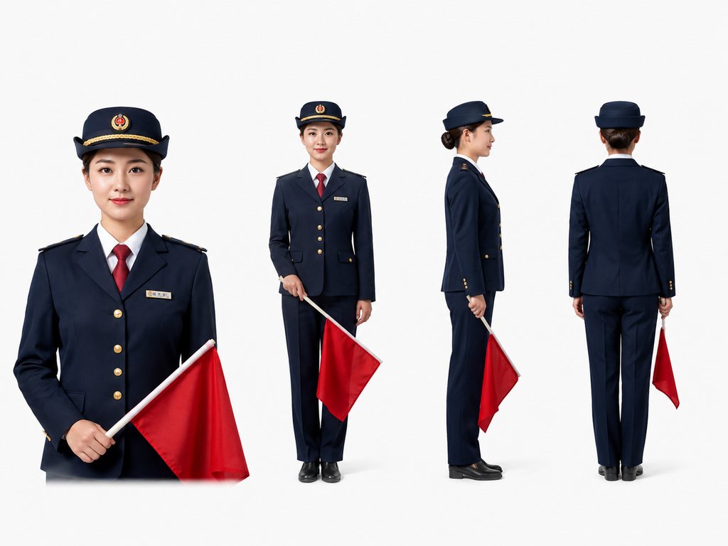 身穿铁路制服的女性乘务员,佩戴大盖帽,手持红色信号旗,正面、侧面、背面多角度展示,写实风格