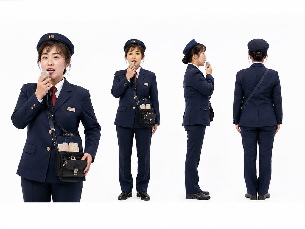 公交售票员身穿深蓝色制服，手持票夹和零钱包，正在报站，多角度展示，写实风格