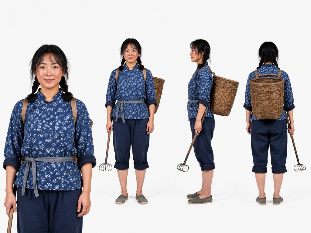赶海渔家女,蓝布衫挽裤腿,背竹筐持耙,年代怀旧写实风格