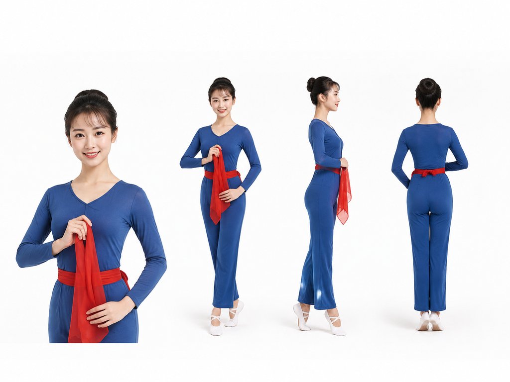 文工团女演员身着蓝色演出服,系红色腰带,手持红绸,多角度展示,写实风格