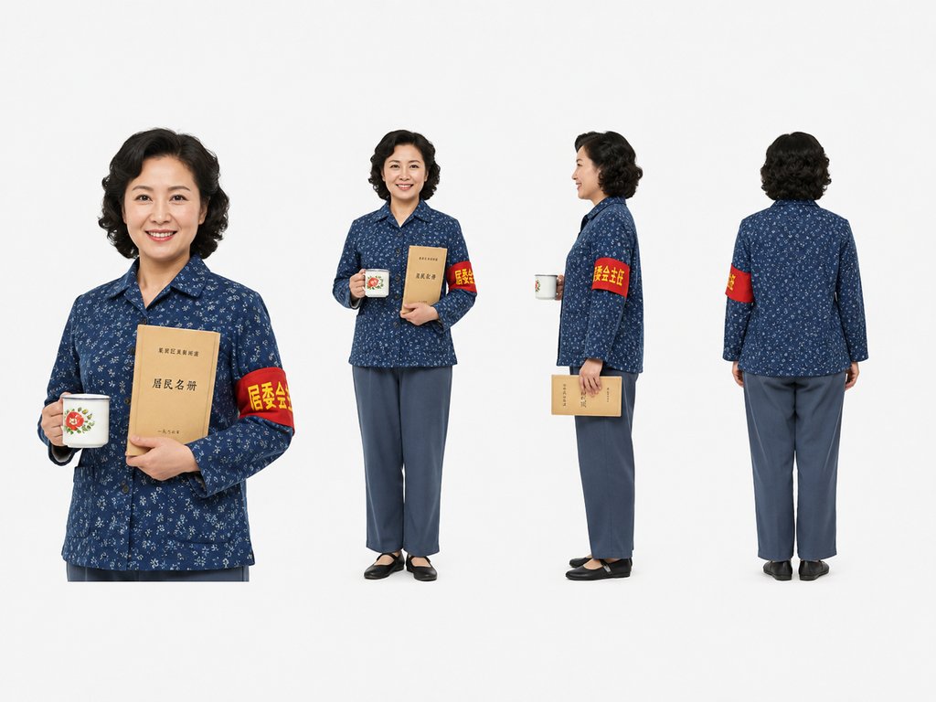 居委会大妈身穿蓝布衫,佩戴红袖章,手持搪瓷缸和居民名册,年代怀旧写实风格角色图