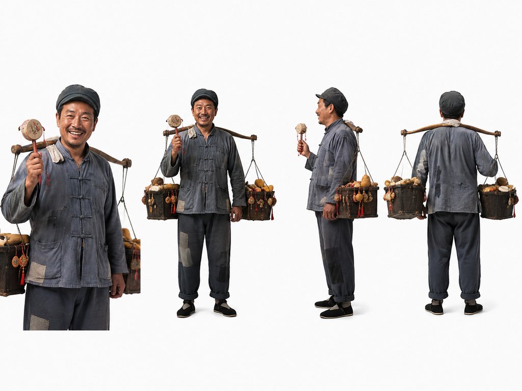 货郎身穿旧褂子,肩挑货郎担,手持拨浪鼓,面带笑容,年代怀旧写实风格