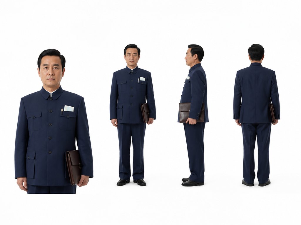 身穿深蓝色中山装的男性干部，手持公文包和钢笔文件，正面、侧面、背面多角度展示，写实风格