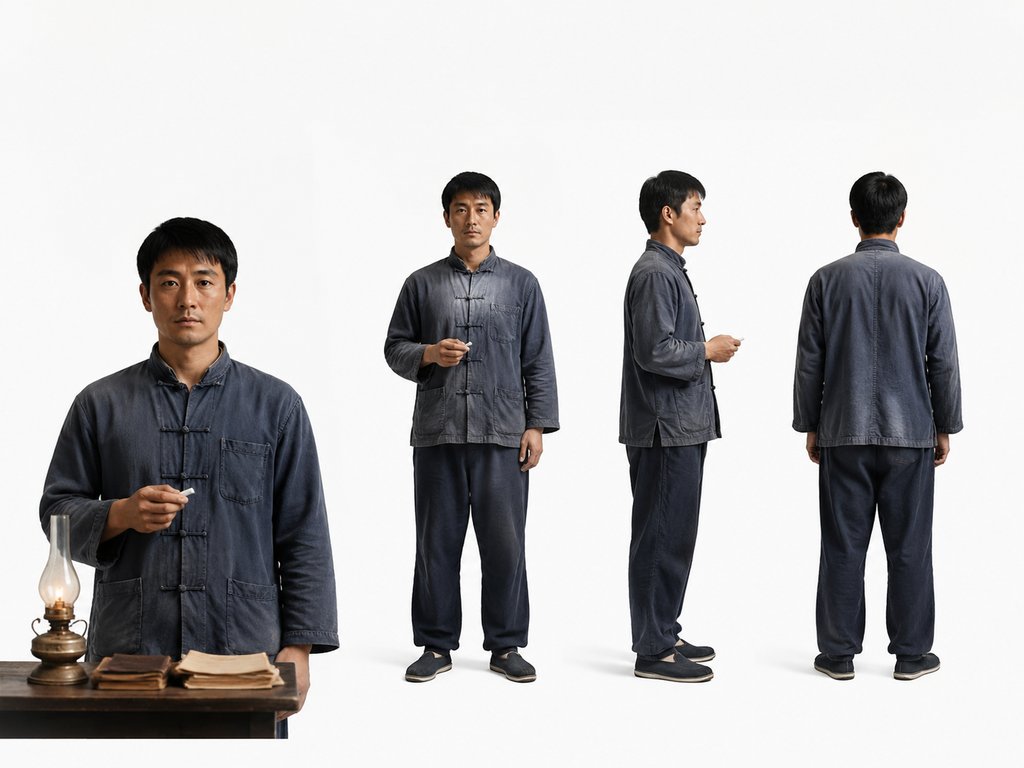 民国时期民办教师,身穿朴素中式服装,手持粉笔,旁有煤油灯和书本,写实风格角色图