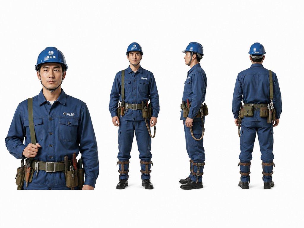 供电所电工身穿蓝色工装，佩戴安全帽和工具腰带，脚扣固定，多角度展示，写实风格
