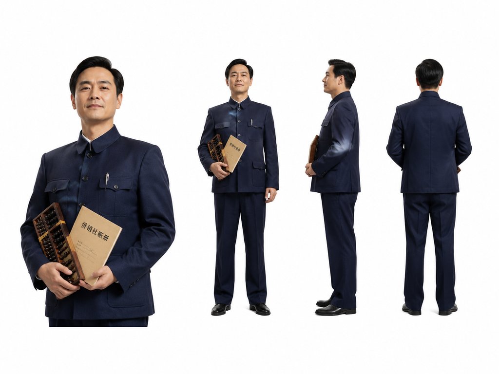 供销社主任身穿中山装,手持算盘和账册,年代怀旧写实风格人物形象