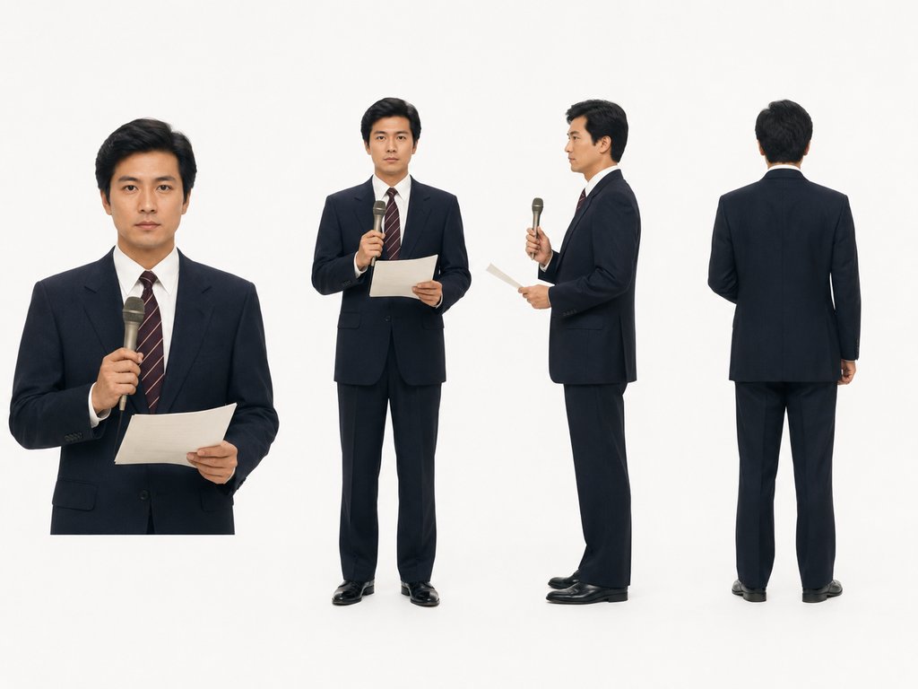 身穿深色西装的男性新闻播报员，手持话筒和稿件，正面、侧面、背面多角度展示，写实风格