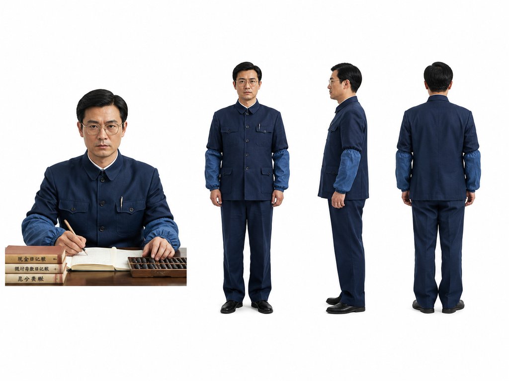 供销社会计身穿蓝色工装,佩戴套袖,手持钢笔记录账本,使用算盘,戴眼镜,年代怀旧写实风格