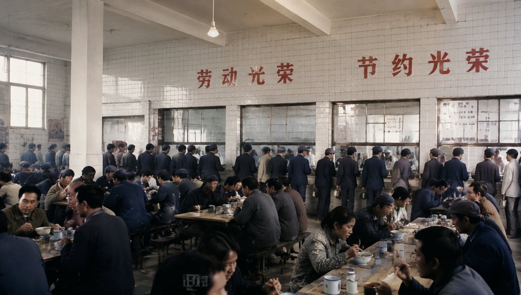 厂区食堂内人们排队打饭，长条桌旁用餐，墙上标语‘劳动光荣 节约光荣’，怀旧写实风格
