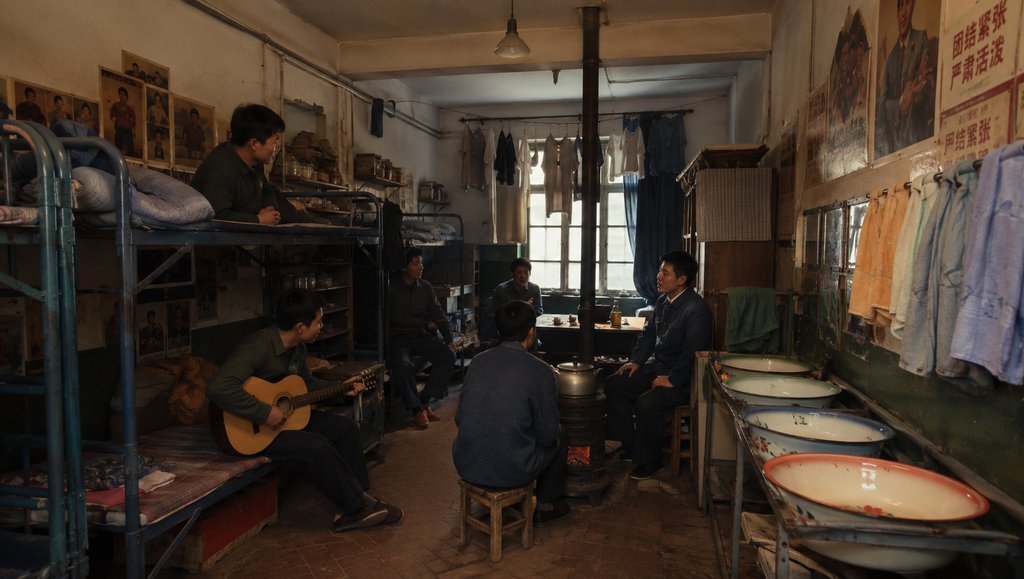 工人宿舍内，几位男性围坐煤炉旁，一人弹吉他，墙上挂宣传画，上下铺与脸盆架展现年代怀旧写实风格。