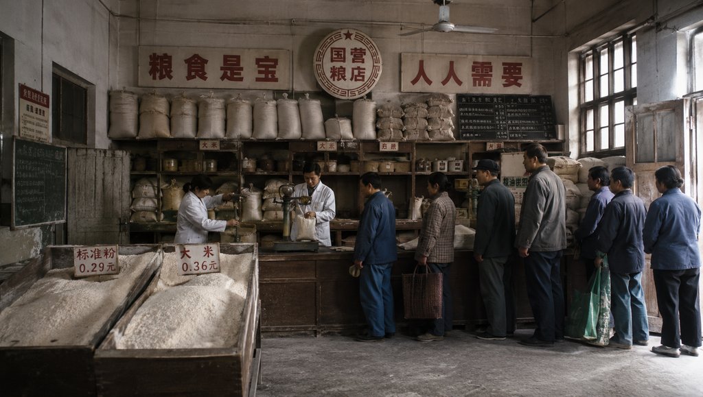 怀旧粮店场景，米面麻袋堆叠，顾客排队称重，写实年代感