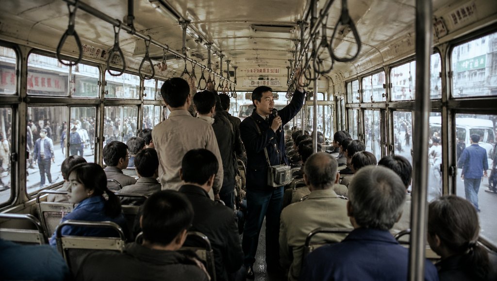 老式公交车内，售票员手持麦克风报站，乘客满座，皮拉环与硬座细节清晰，怀旧写实风格