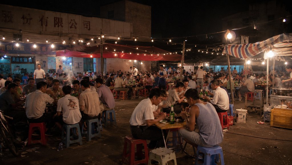 夜市大排档灯火通明，人群围坐塑料凳用餐，煤炉炒锅冒烟，串灯点缀怀旧氛围