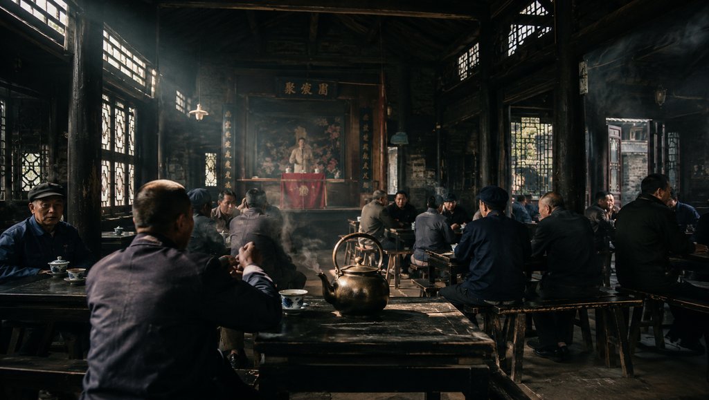 老式茶馆内,人们围坐八仙桌饮盖碗茶,铜壶冒烟,古朴木结构与窗格透光,怀旧写实风格