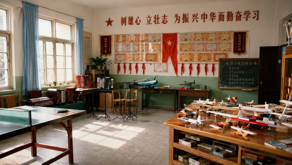 怀旧少年宫教室,手风琴与航模陈列,奖状墙与红旗装饰,写实年代场景