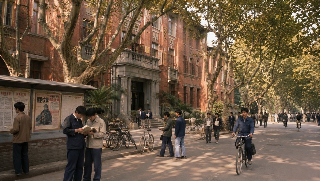 复古大学校园,红砖建筑与梧桐树道,学生阅读海报,怀旧写实风格