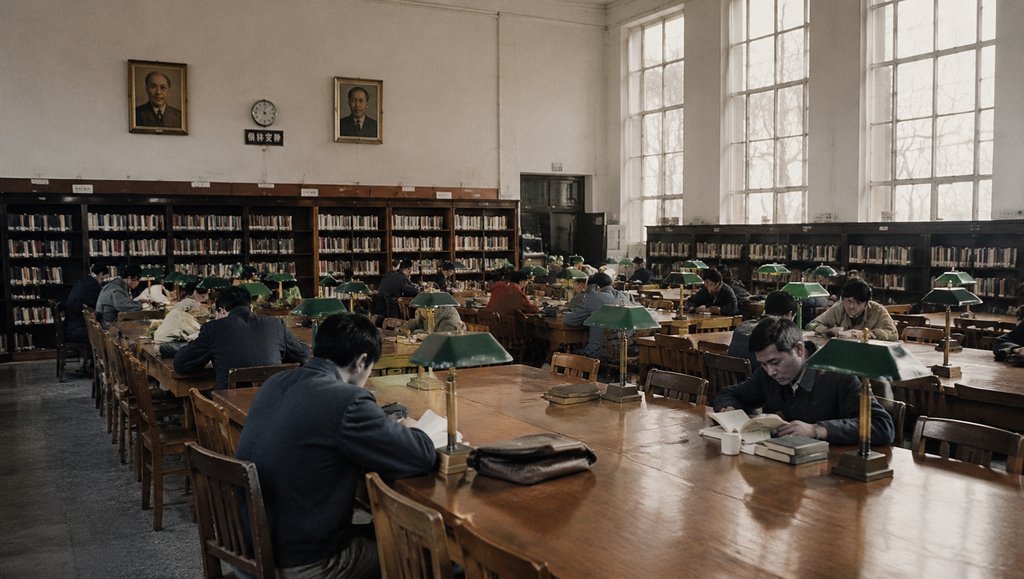 复古图书馆阅览室，长木桌配绿台灯，书架满载书籍，多人静读，怀旧写实风格