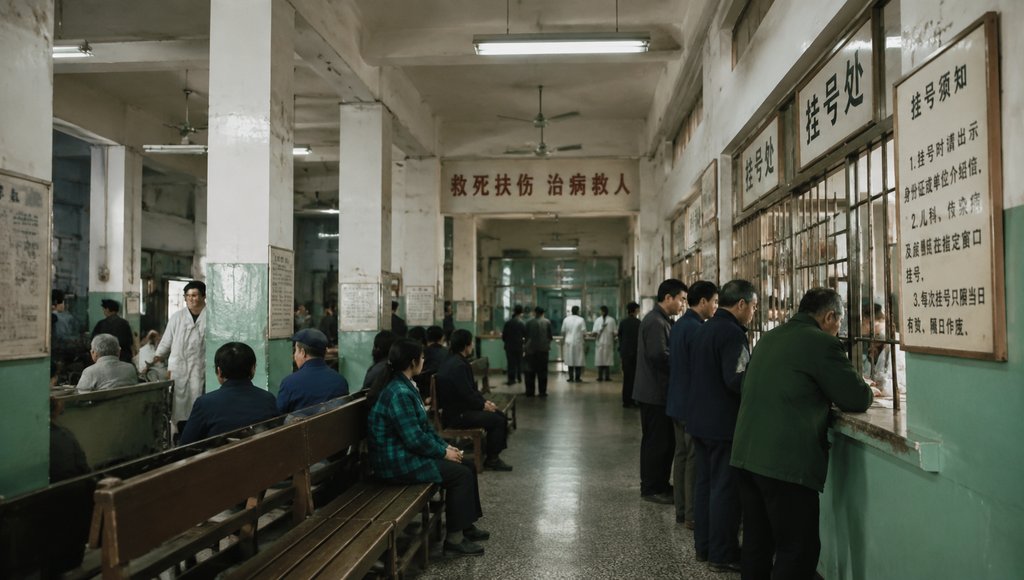 老式医院门诊大厅，患者排队挂号，白大褂医生走动，怀旧写实风格