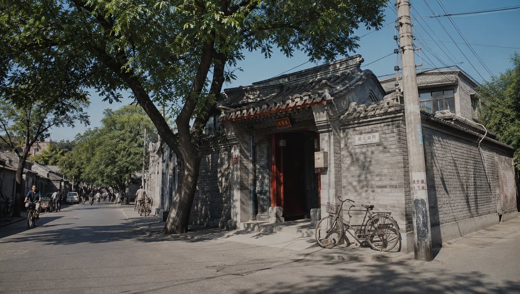 老北京胡同青砖灰瓦院门,槐树成荫,自行车停靠,怀旧写实风格