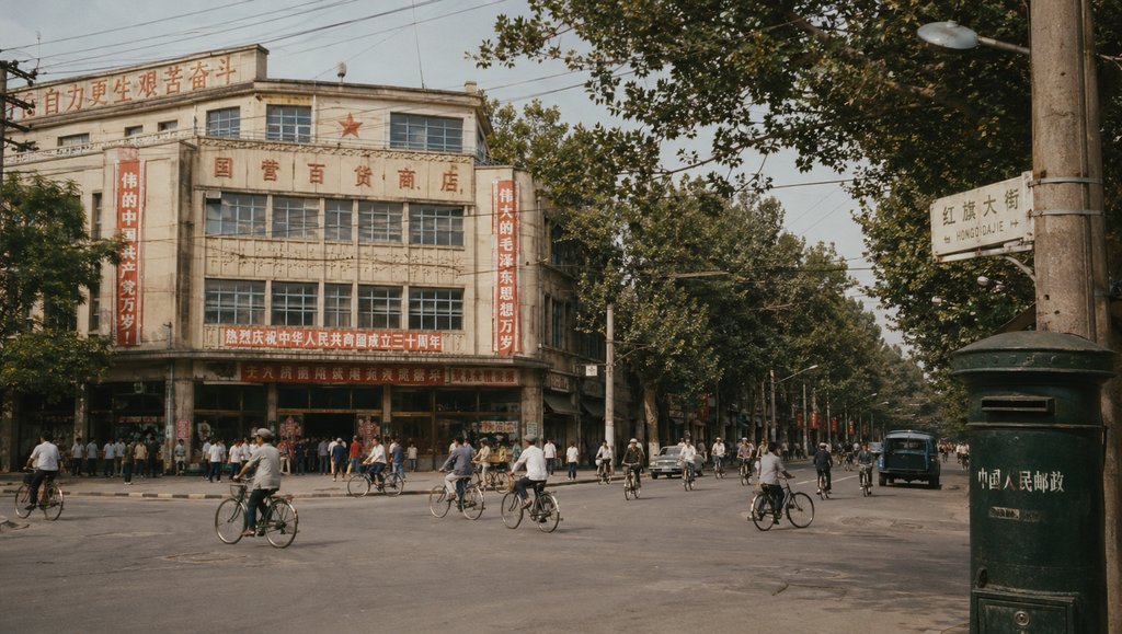 县城十字街口，国营商店前人群骑车穿行，梧桐树荫下怀旧年代感场景