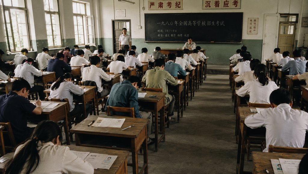 1980年代高考考场,考生专注答题,监考老师巡视,怀旧写实风格