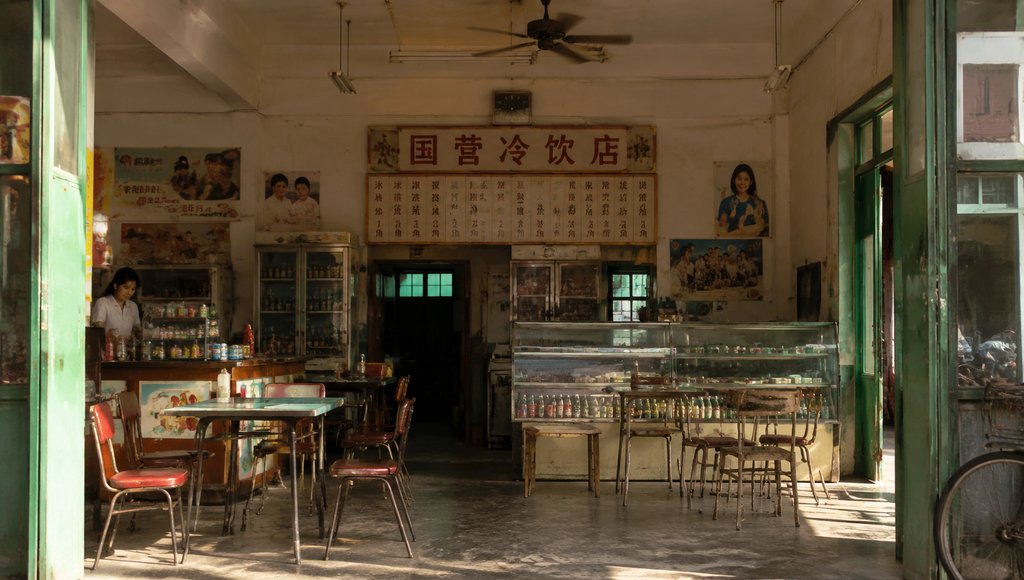 复古国营冷饮店内部,玻璃柜陈列汽水冰棍,吊扇悬挂,怀旧写实风格