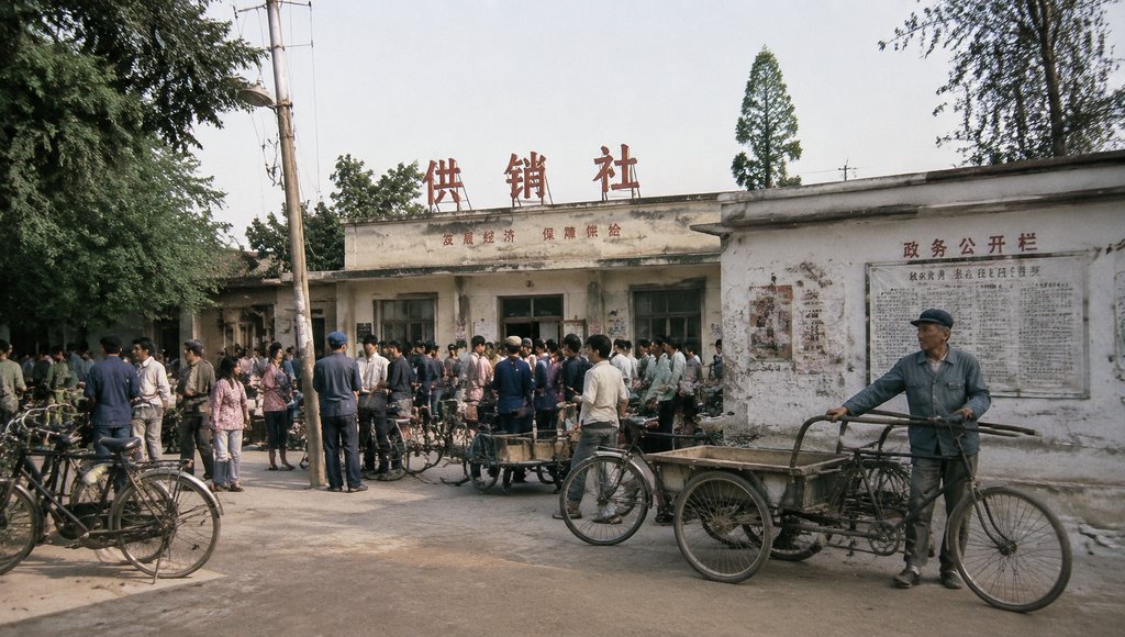 供销社门口人群聚集，自行车与板车停靠，布告栏张贴信息，年代感写实场景