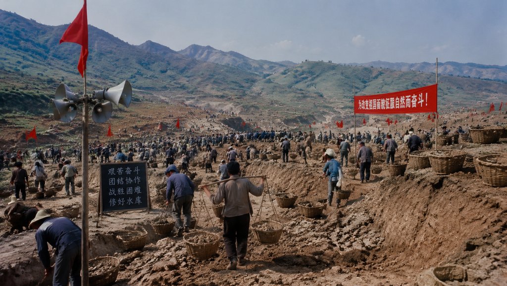 水库工地场景,民工挑土劳作,红旗飘扬,年代怀旧写实风格