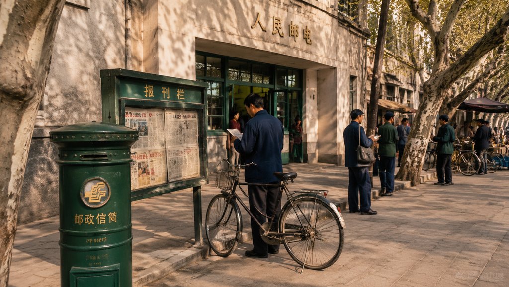 老式邮局门口,绿邮筒、报刊栏与自行车,怀旧写实风格