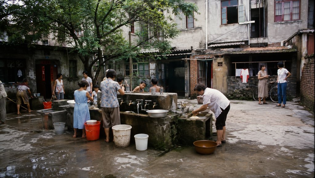 老式院落中人们在水泥水龙头旁接水洗菜,怀旧写实场景