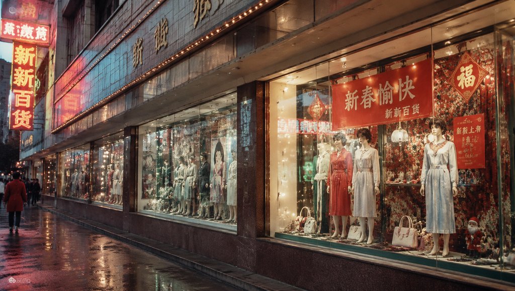 复古百货店橱窗展示，模特穿着年代服饰，霓虹灯与春节装饰，怀旧写实风格