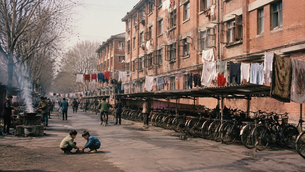 红砖家属院老街景，晾衣绳上挂满衣物，自行车棚下停满单车，孩童玩耍，烟火气浓厚的怀旧年代写实画面