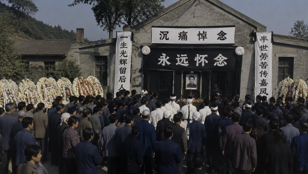 老式火葬场殡仪场景，人群肃立，花圈环绕，遗像前挂白幛，写实怀旧风格