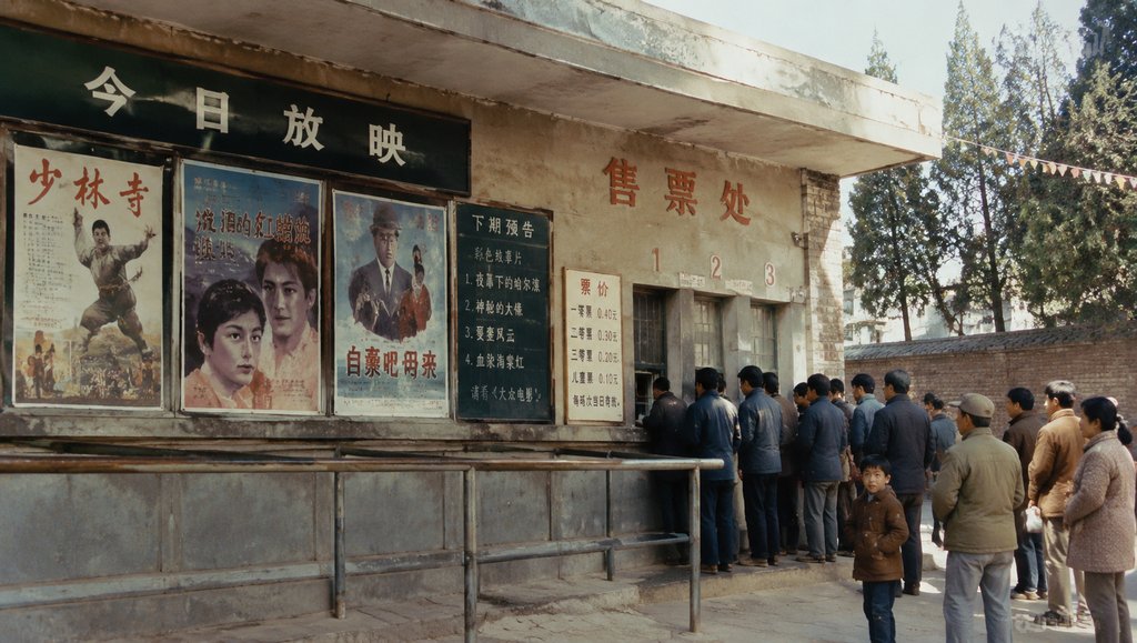 年代电影院售票厅,墙上张贴电影海报,人群排队购票,怀旧写实风格