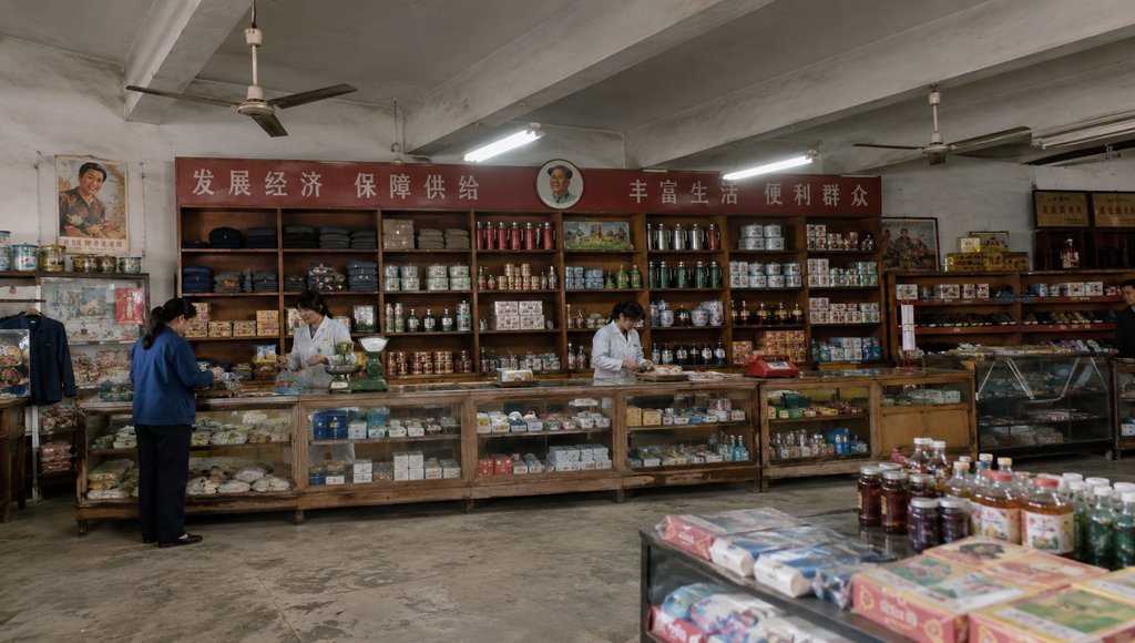 年代国营商店内部，木货架与玻璃柜陈列商品，吊扇悬挂，怀旧写实风格