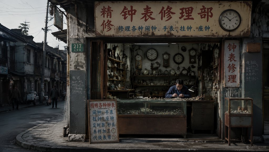 老式钟表修理铺，店内挂满各式钟表，师傅专注修表，怀旧写实风格