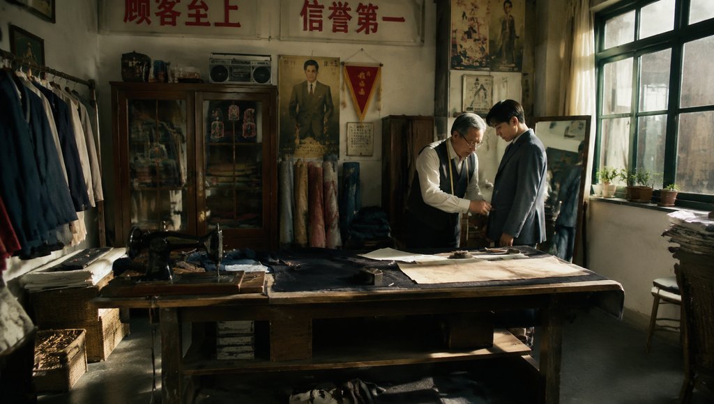 老裁缝为顾客量体裁衣，复古裁缝铺内布料案板、缝纫机与试衣镜，怀旧写实风格