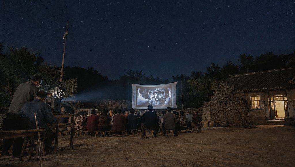 乡村夜场露天电影，人群围坐观看白幕放映，怀旧写实风格