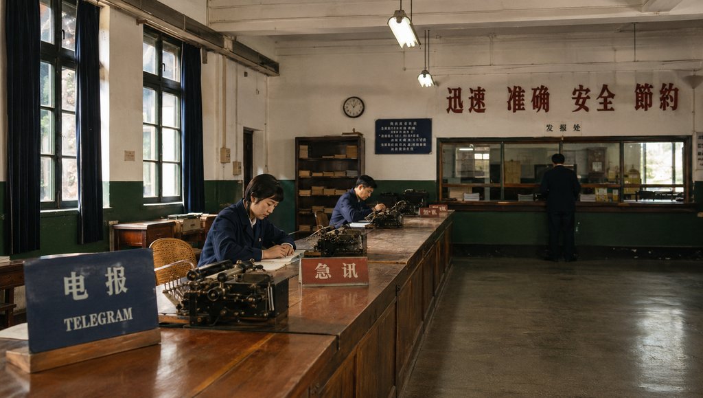 复古电报营业厅内,工作人员使用电报机敲码,木质柜台与老式设备,怀旧写实风格