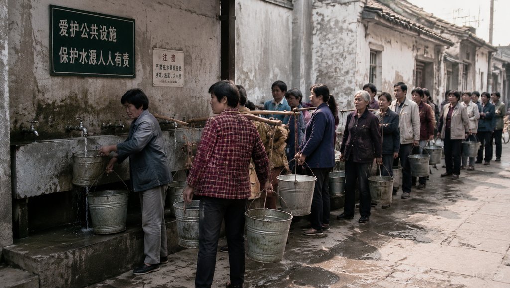 人们在老旧供水站排队挑水,手持水桶和扁担,背景墙有中文标语,怀旧写实风格