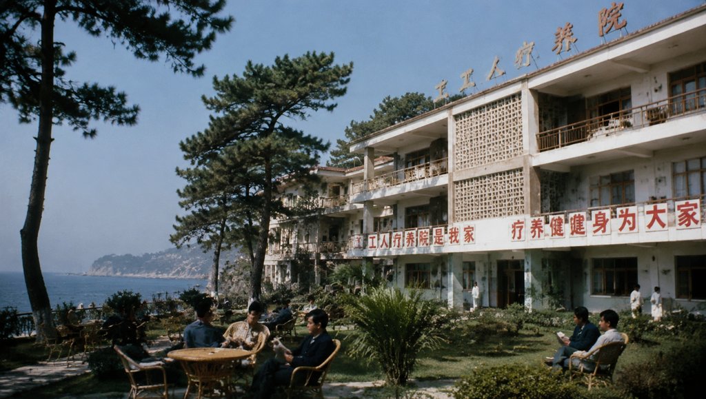 工人疗养院外景,藤椅花园,年代怀旧写实风格建筑与海景