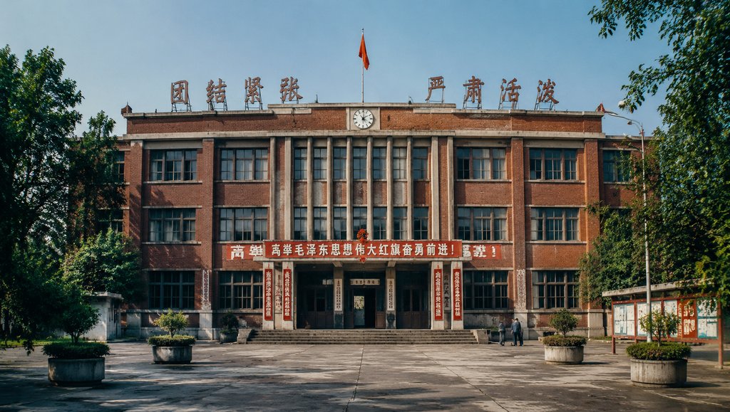 苏式红砖办公楼，立柱对称，屋顶红旗飘扬，标语醒目，年代感怀旧写实风格
