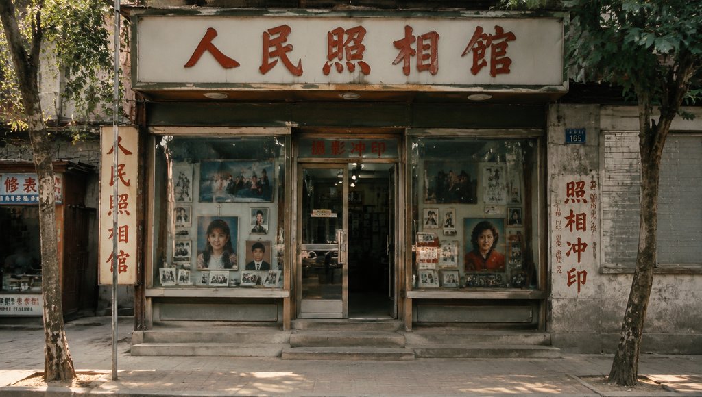 人民照相馆门面，复古玻璃橱窗展示老照片，怀旧写实风格建筑