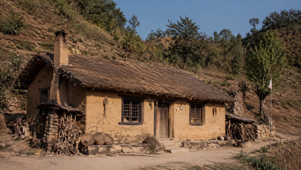 乡村土坯房，夯土墙与草顶，柴垛堆叠，年代怀旧写实风格建筑