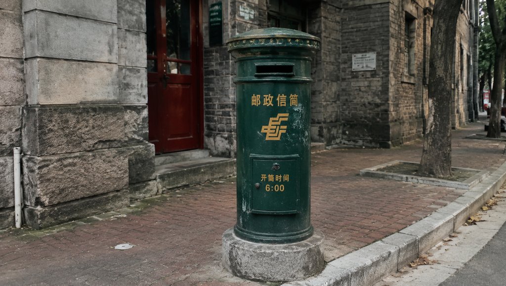 绿色铸铁老式邮筒，漆字标识，置于石砌建筑前，怀旧写实风格